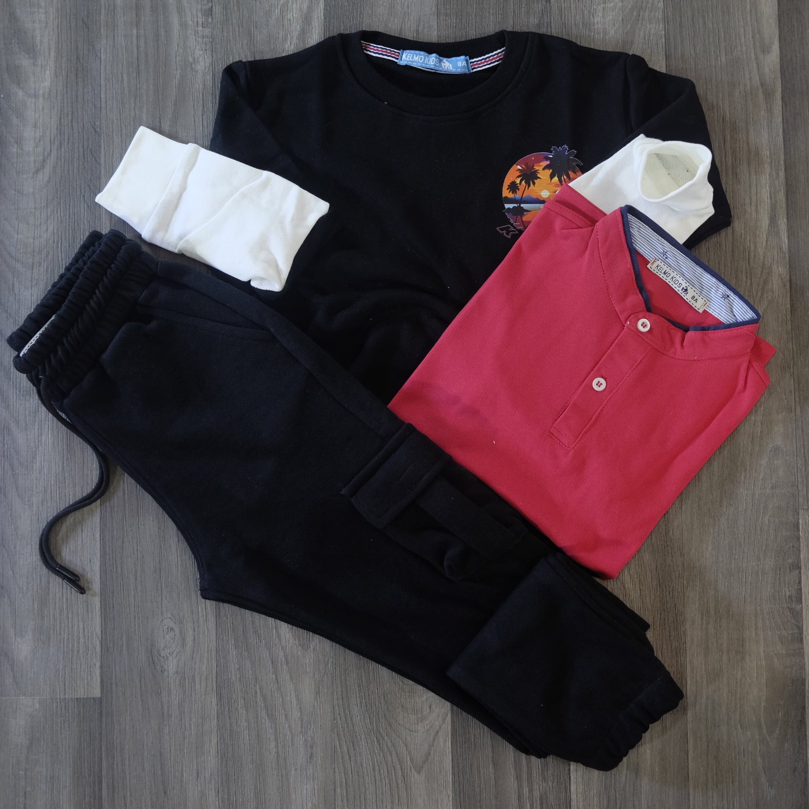 Ensemble Enfant 3 Pieces Jogging Cargo Noir + Sweat Noir + Polo Rouge