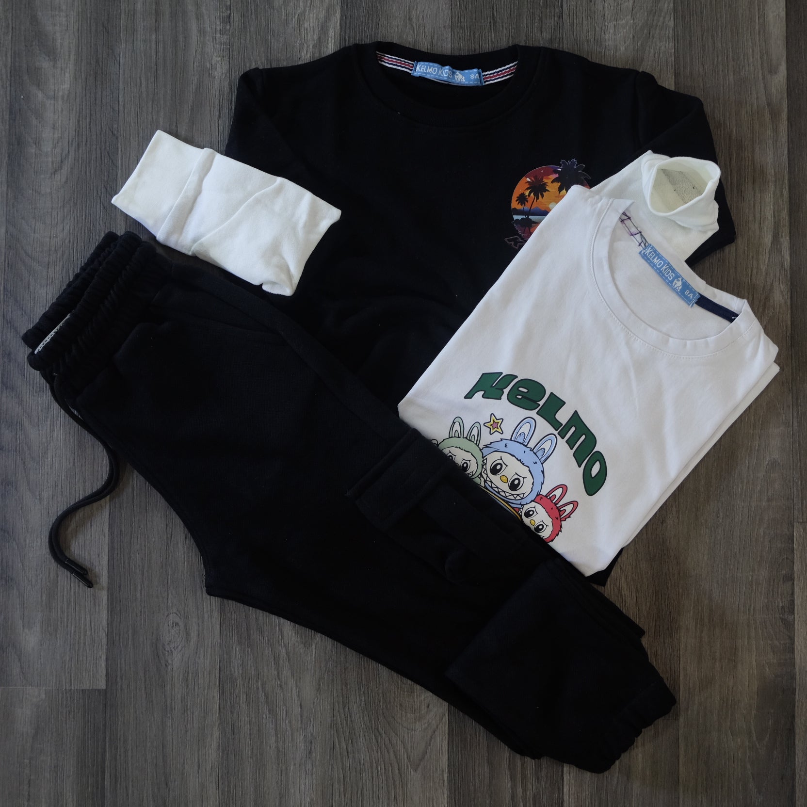 Ensemble Enfant 3 Pieces Jogging Cargo Noir + Sweat Noir + T-Shirt Blanc Labo