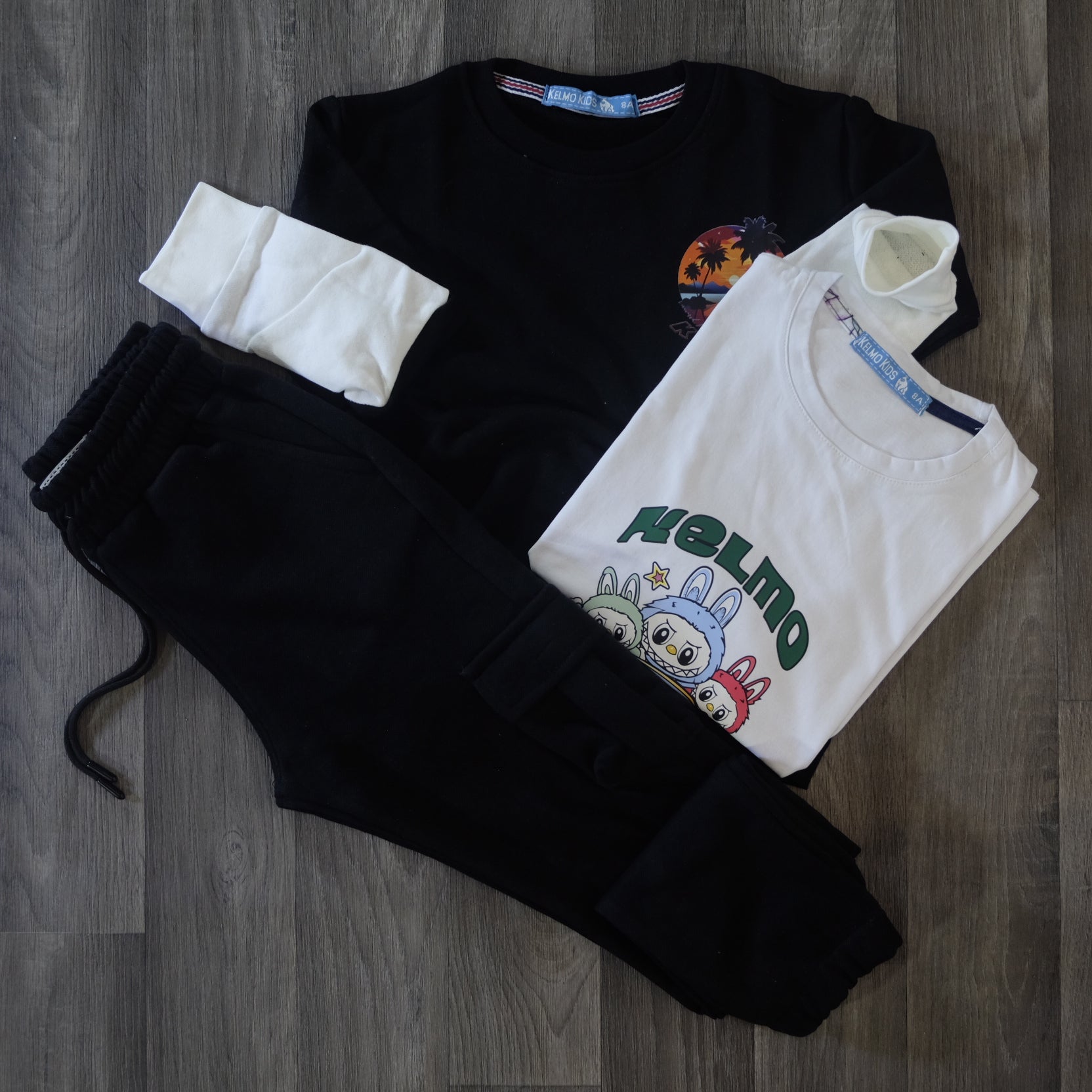 Ensemble Enfant 3 Pieces Jogging Cargo Noir + Sweat Noir + T-Shirt Blanc Labo