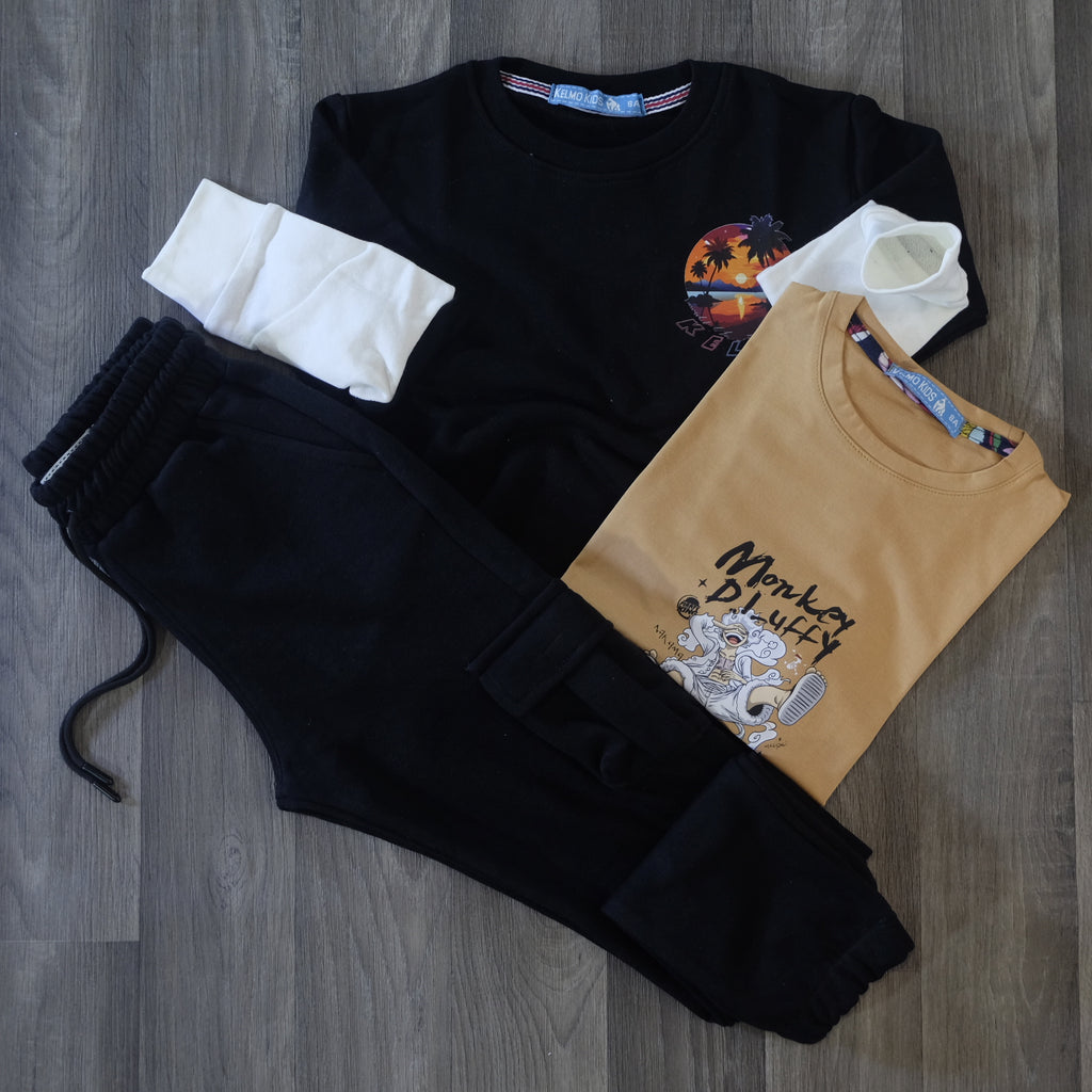 Ensemble Enfant 3 Pieces Jogging Cargo Noir + Sweat Noir + T-Shirt Marron Clair Lufy
