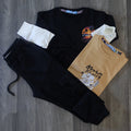 Ensemble Enfant 3 Pieces Jogging Cargo Noir + Sweat Noir + T-Shirt Marron Clair Lufy