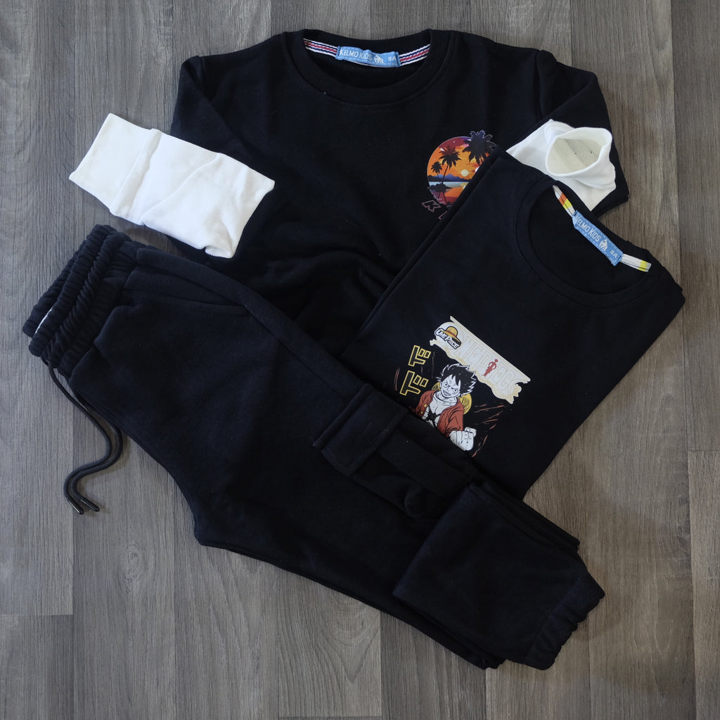Ensemble Enfant 3 Pieces Jogging Cargo Noir + Sweat Noir + T-Shirt Noir lufy