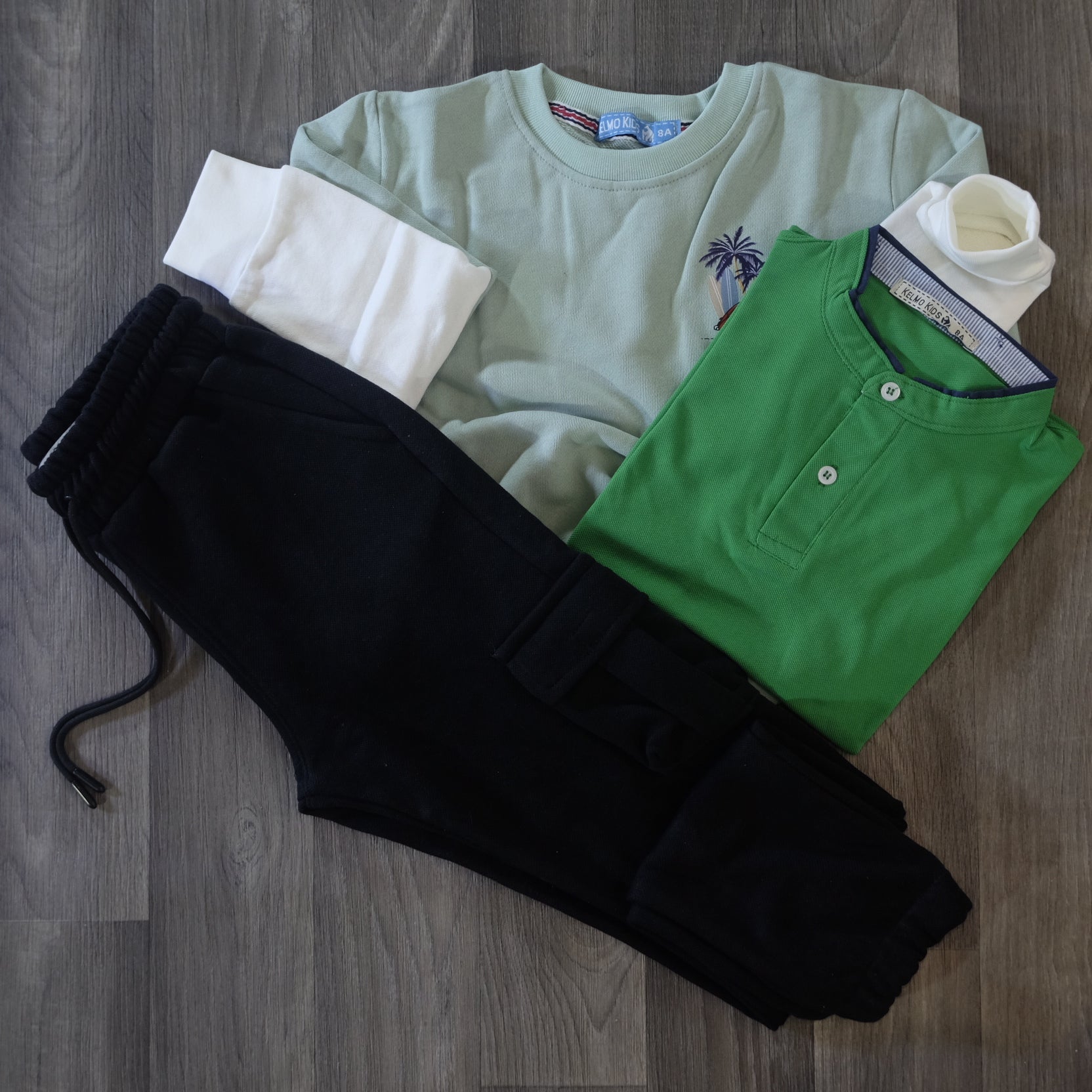 Ensemble Enfant 3 Pieces Jogging Cargo Noir + Sweat Vert Eau + Polo Vert Raj