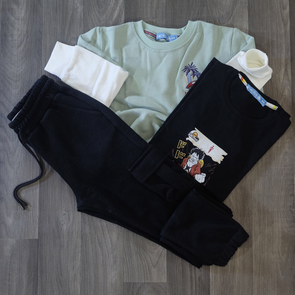 Ensemble Enfant 3 Pieces Jogging Cargo Noir + Sweat Vert Eau + T-Shirt Noir Lufy
