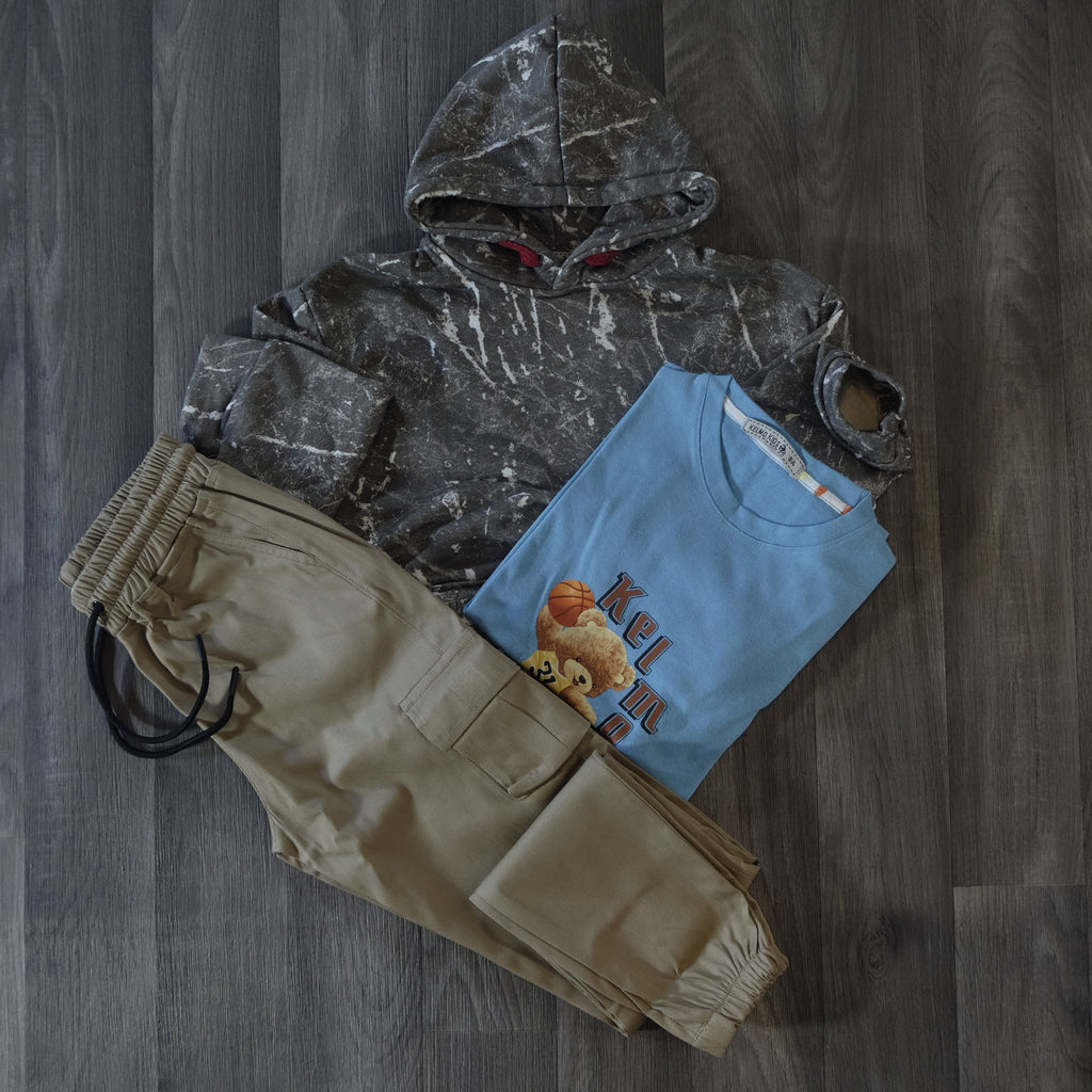 Ensemble Enfant 3 Pieces Pantalon Cargo Beige +Sweat a Capuche Camouflage Marron + T-Shirt Bleu Ciel