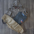 Ensemble Enfant 3 Pieces Pantalon Cargo Beige +Sweat a Capuche Camouflage Marron + T-Shirt Vert Olive