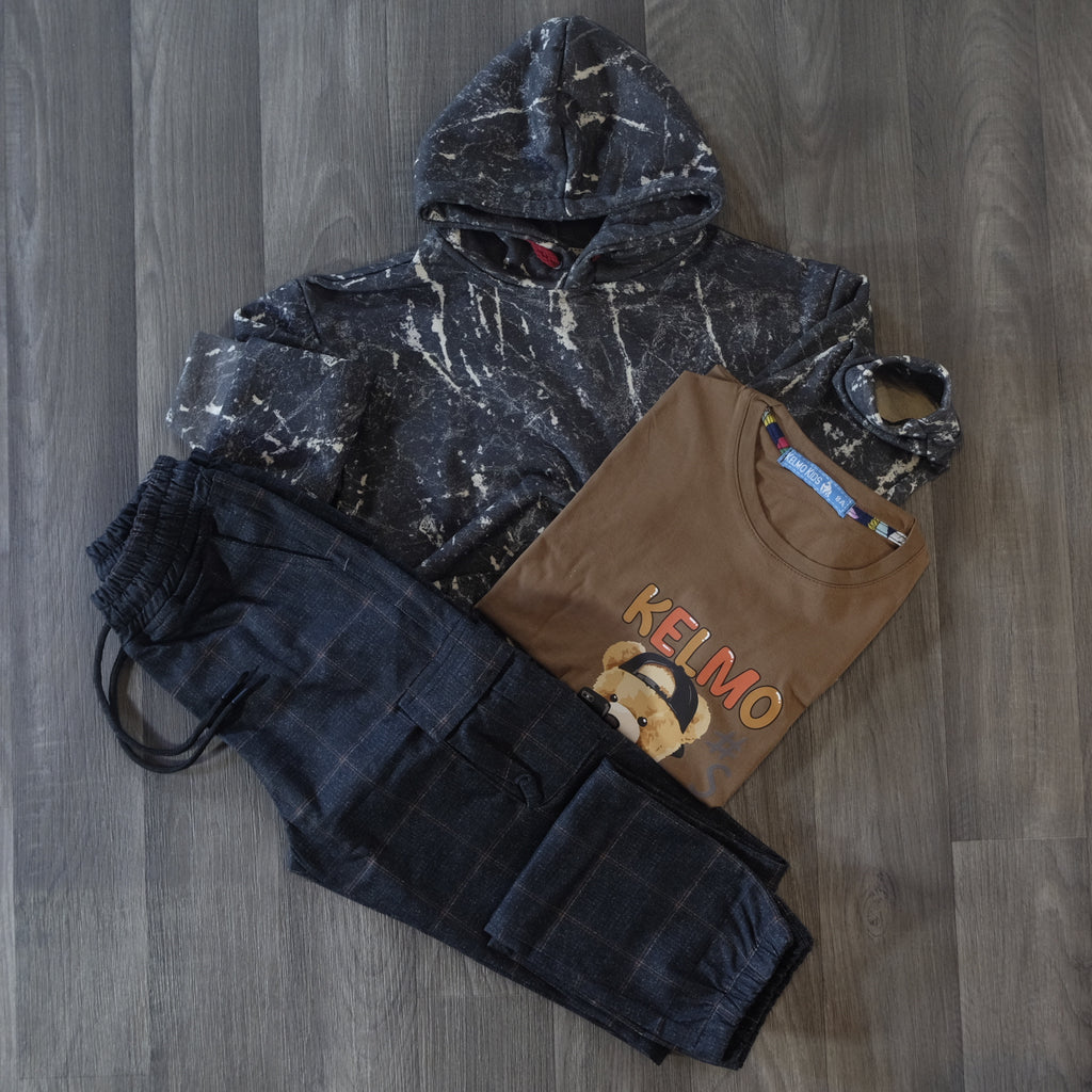 Ensemble Enfant 3 Pieces Pantalon Cargo Carreau +Sweat a Capuche Camouflage Gris Fonce + T-Shirt Marron