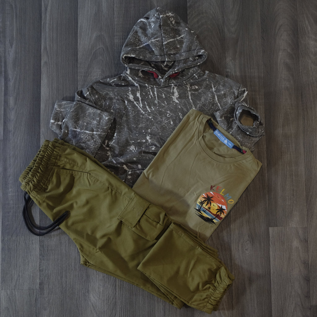 Ensemble Enfant 3 Pieces Pantalon Cargo Kaki +Sweat a Capuche Camouflage Kaki + T-Shirt Kaki