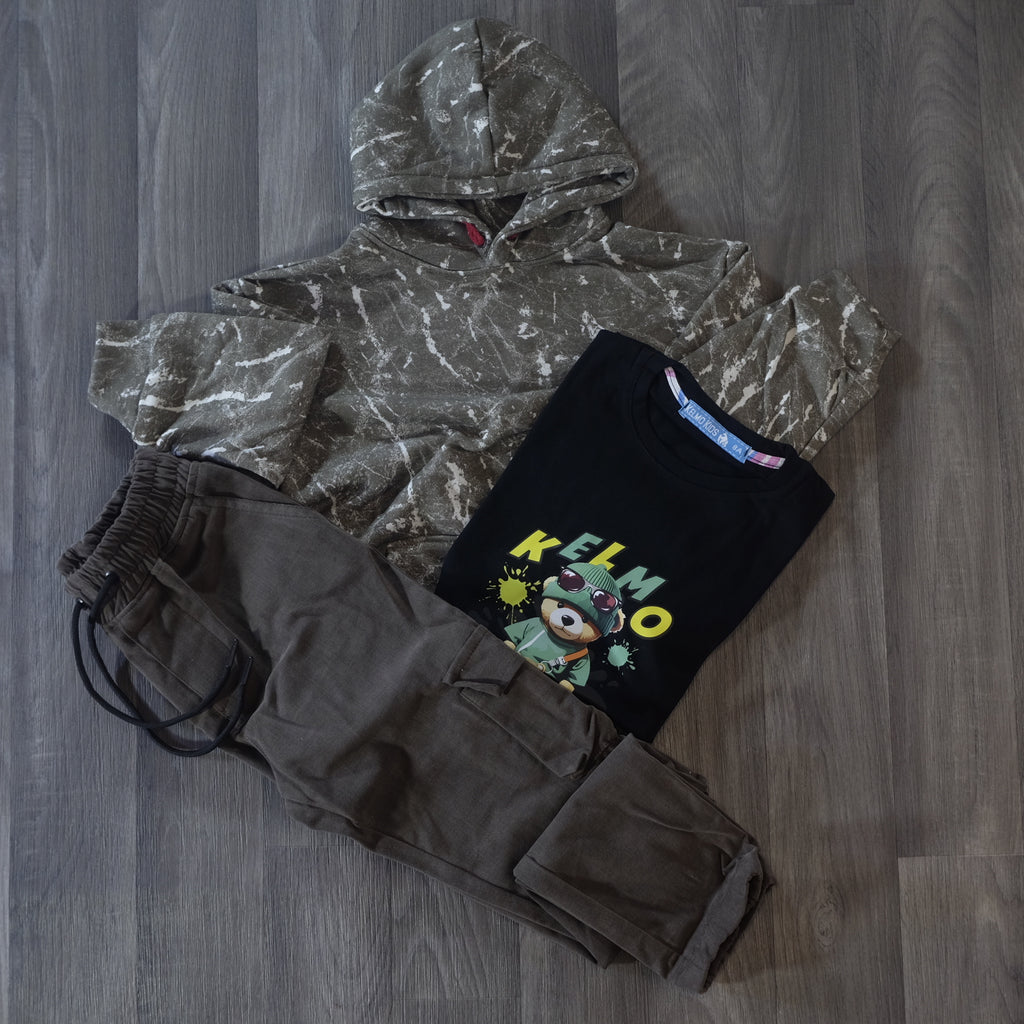 Ensemble Enfant 3 Pieces Pantalon Cargo Marron +Sweat a Capuche Camouflage Kaki+ T-Shirt Noir