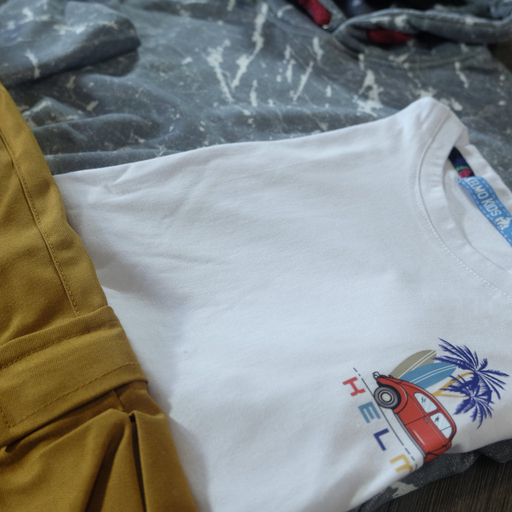 Ensemble Enfant 3 Pieces Pantalon Cargo Motard +Sweat a Capuche Camouflage Gris Clair + T-Shirt Blanc