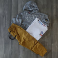 Ensemble Enfant 3 Pieces Pantalon Cargo Motard +Sweat a Capuche Camouflage Gris Clair + T-Shirt Blanc