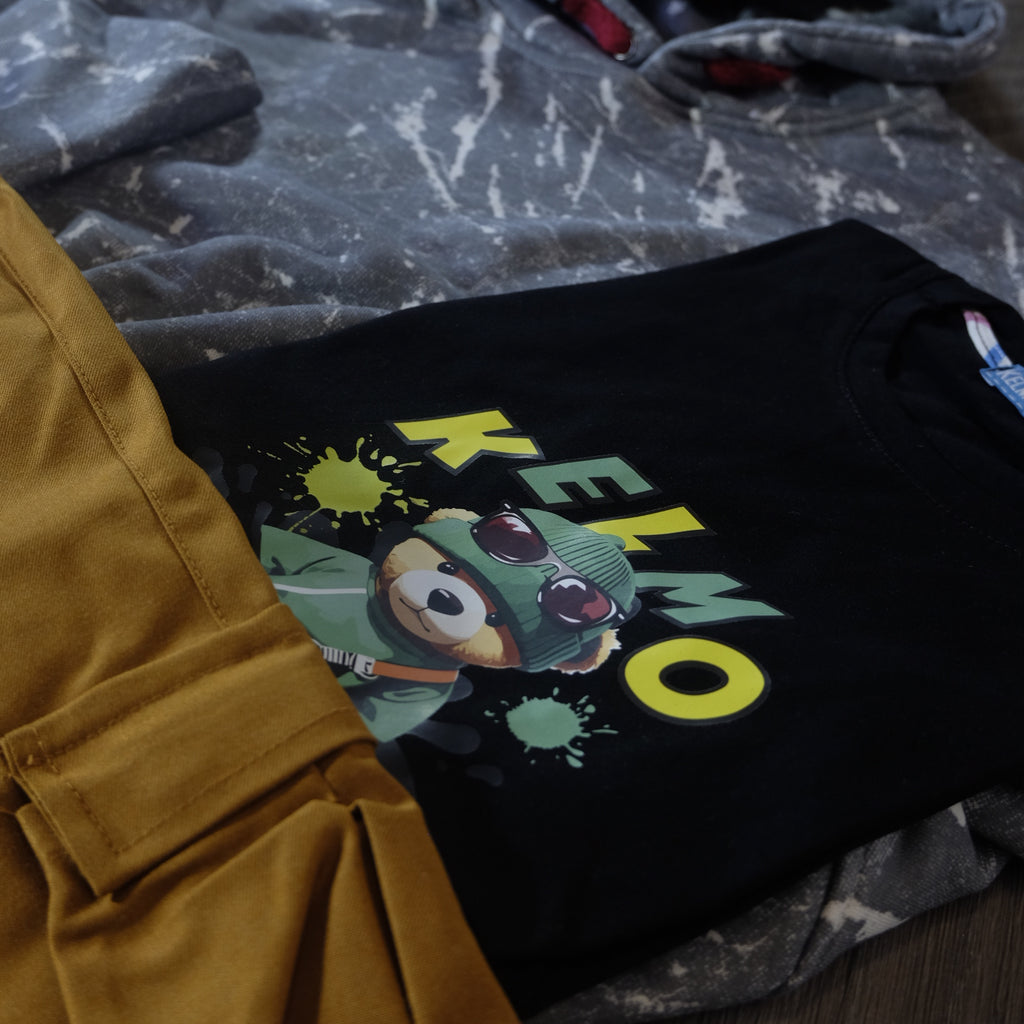 Ensemble Enfant 3 Pieces Pantalon Cargo Motard +Sweat a Capuche Camouflage Gris Clair + T-Shirt Noir