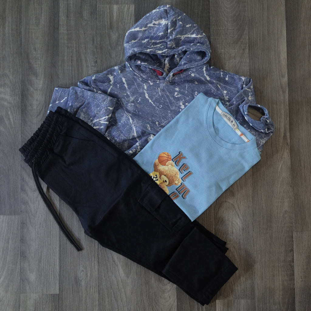 Ensemble Enfant 3 Pieces Pantalon Cargo Noir +Sweat a Capuche Camouflage Bleu Ciel + T-Shirt Bleu Ciel