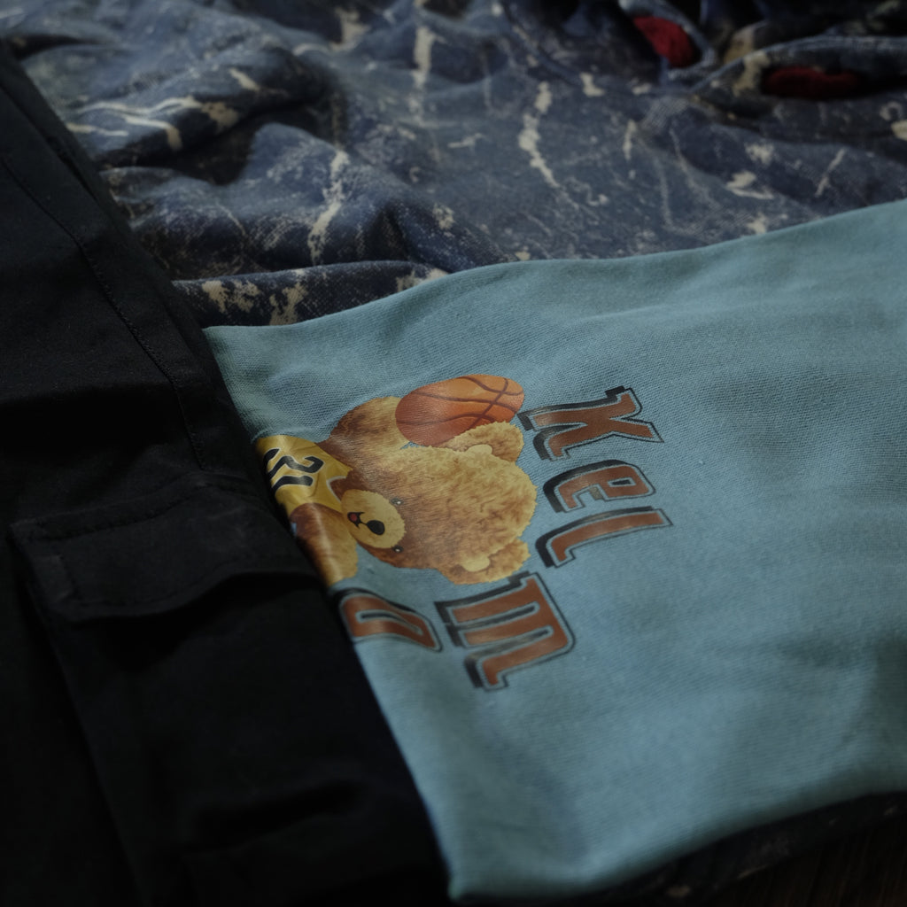 Ensemble Enfant 3 Pieces Pantalon Cargo Noir +Sweat a Capuche Camouflage Bleu Ciel + T-Shirt Bleu Ciel