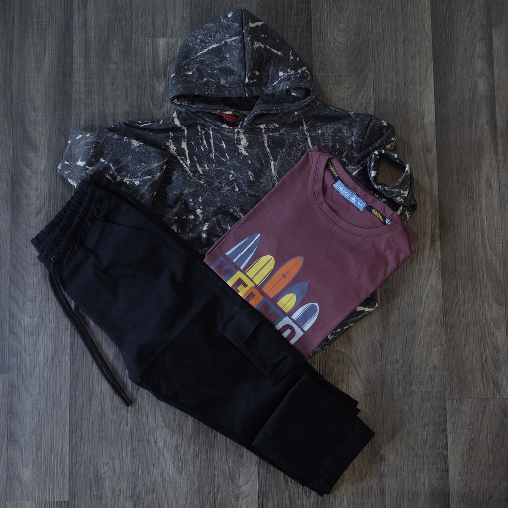 Ensemble Enfant 3 Pieces Pantalon Cargo Noir +Sweat a Capuche Camouflage Gris Fonce + T-Shirt Grenat