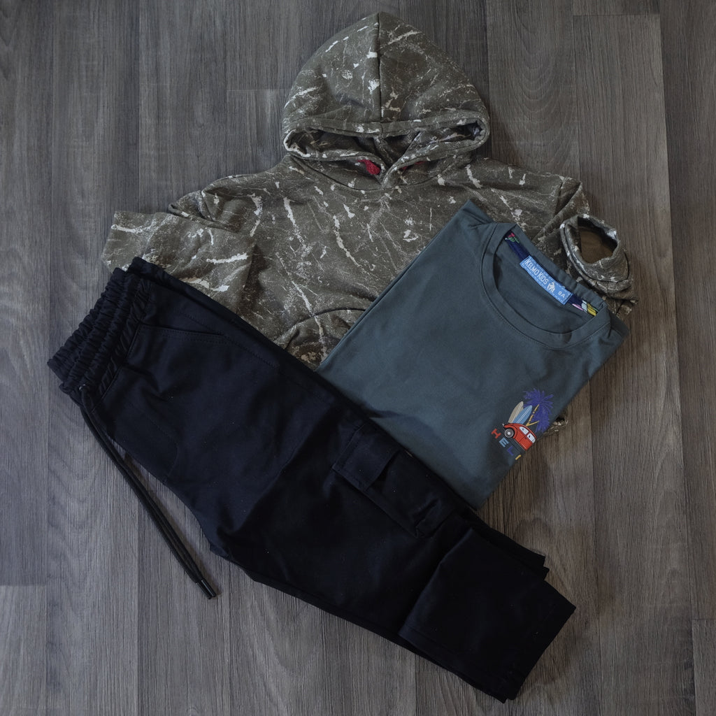 Ensemble Enfant 3 Pieces Pantalon Cargo Noir +Sweat a Capuche Camouflage Kaki + T-Shirt Vert Olive