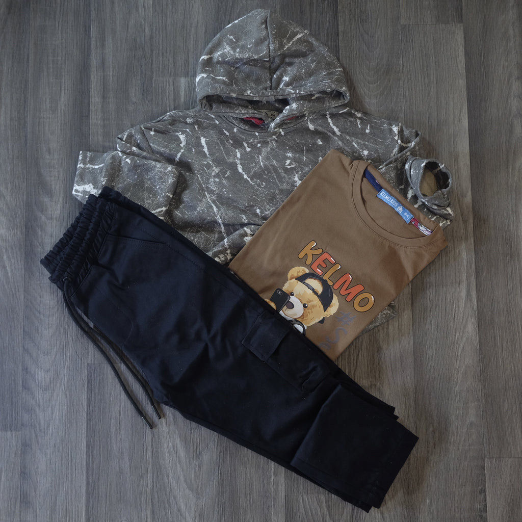 Ensemble Enfant 3 Pieces Pantalon Cargo Noir +Sweat a Capuche Camouflage Marron + T-Shirt Marron