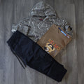 Ensemble Enfant 3 Pieces Pantalon Cargo Noir +Sweat a Capuche Camouflage Marron + T-Shirt Marron