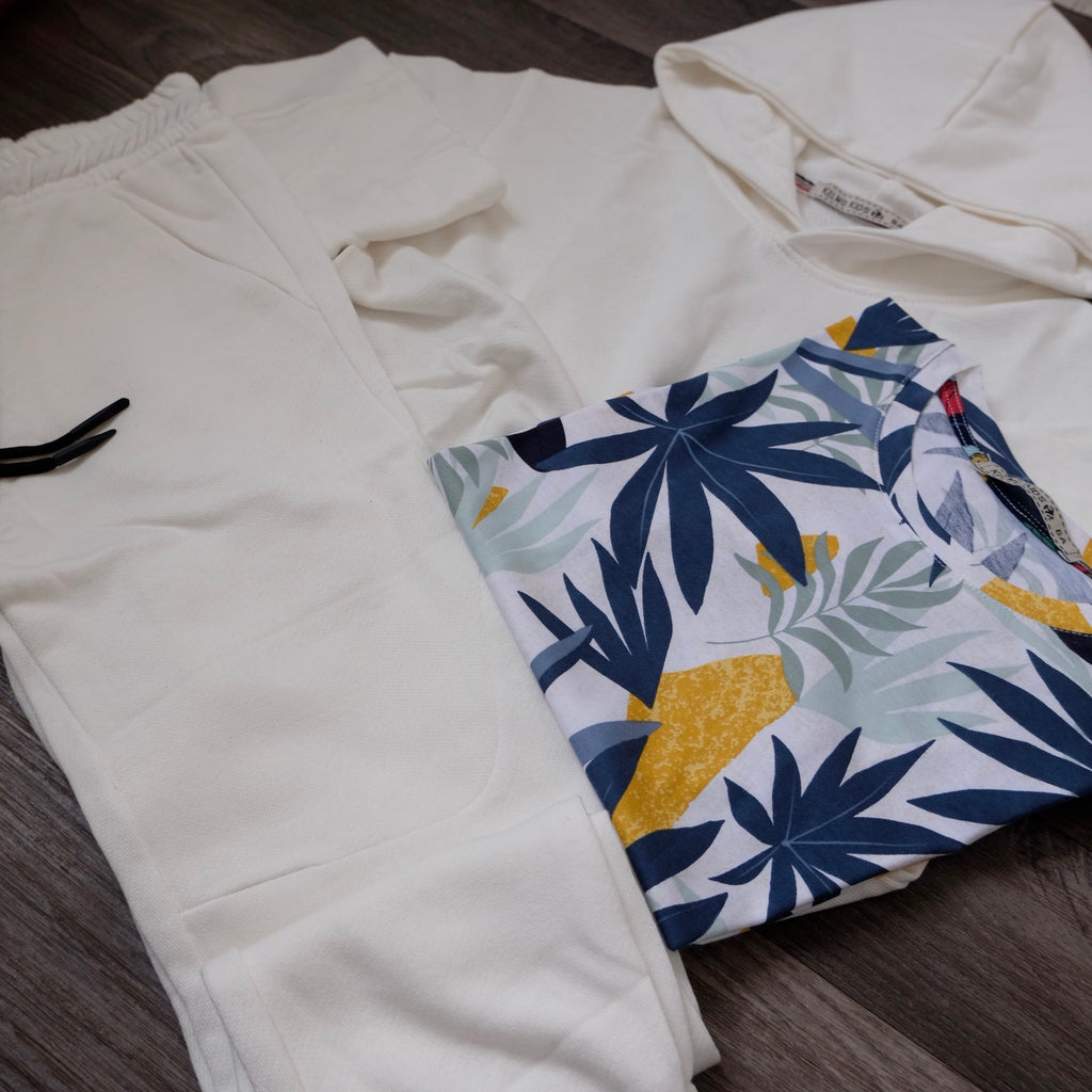 Ensemble Enfant 3 Pieces Survetement Blanc + T-Shirt Fleure
