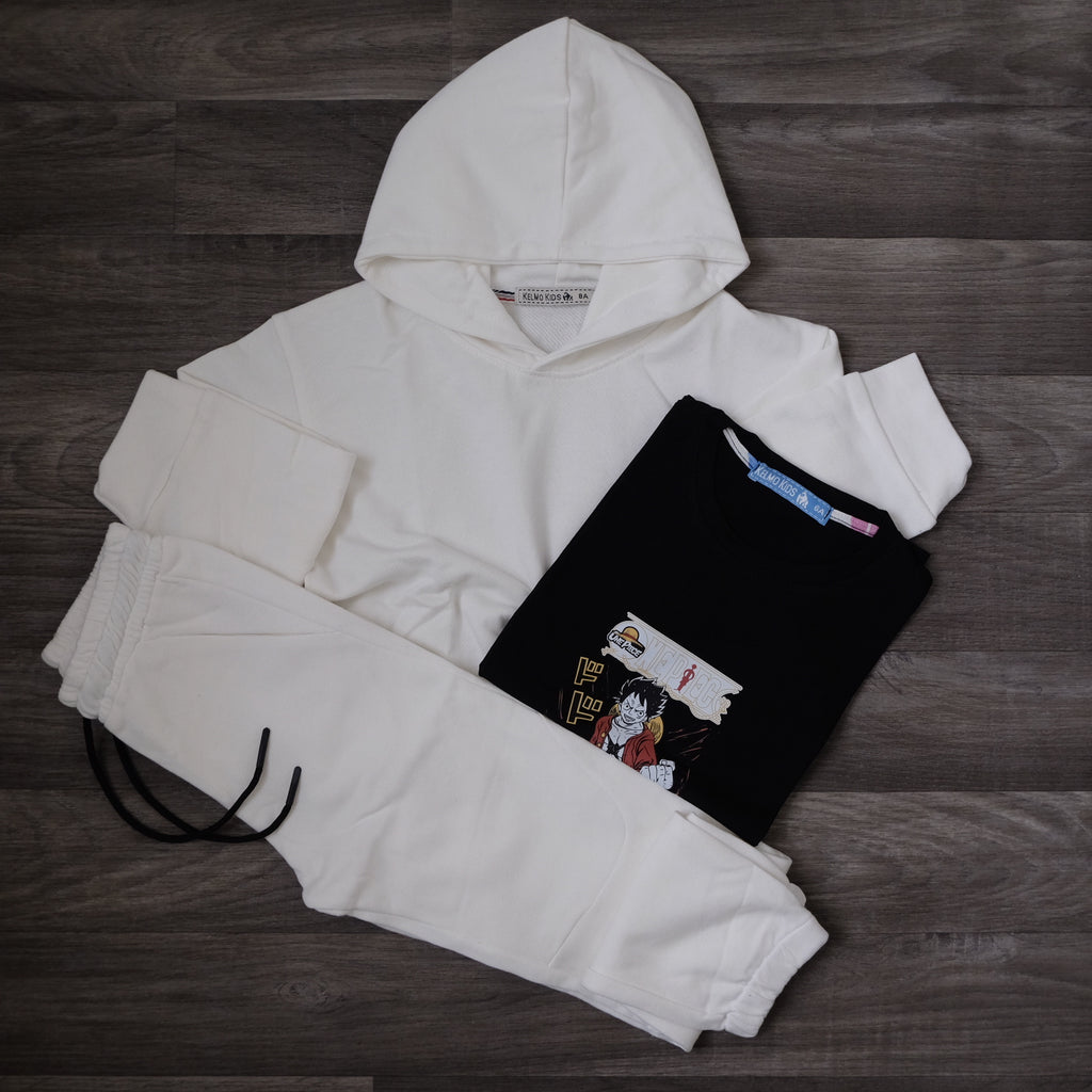 Ensemble Enfant 3 Pieces Survetement Blanc + T-Shirt Noir Luffy