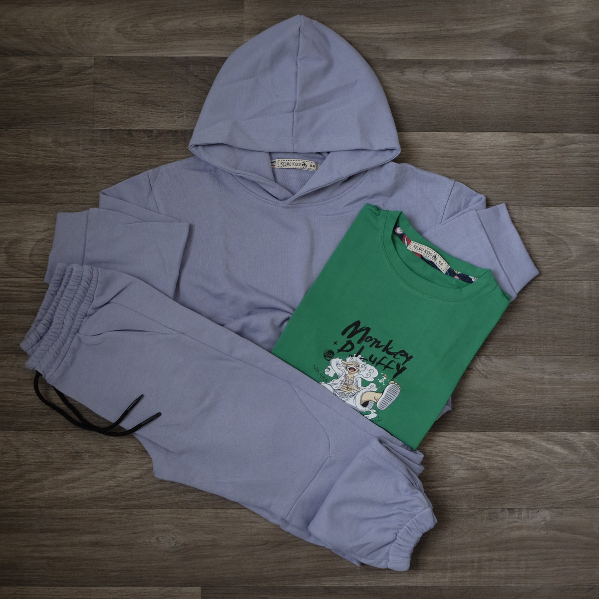 Ensemble Enfant 3 Pieces Survetement Ciel + T-Shirt Vert Luffy