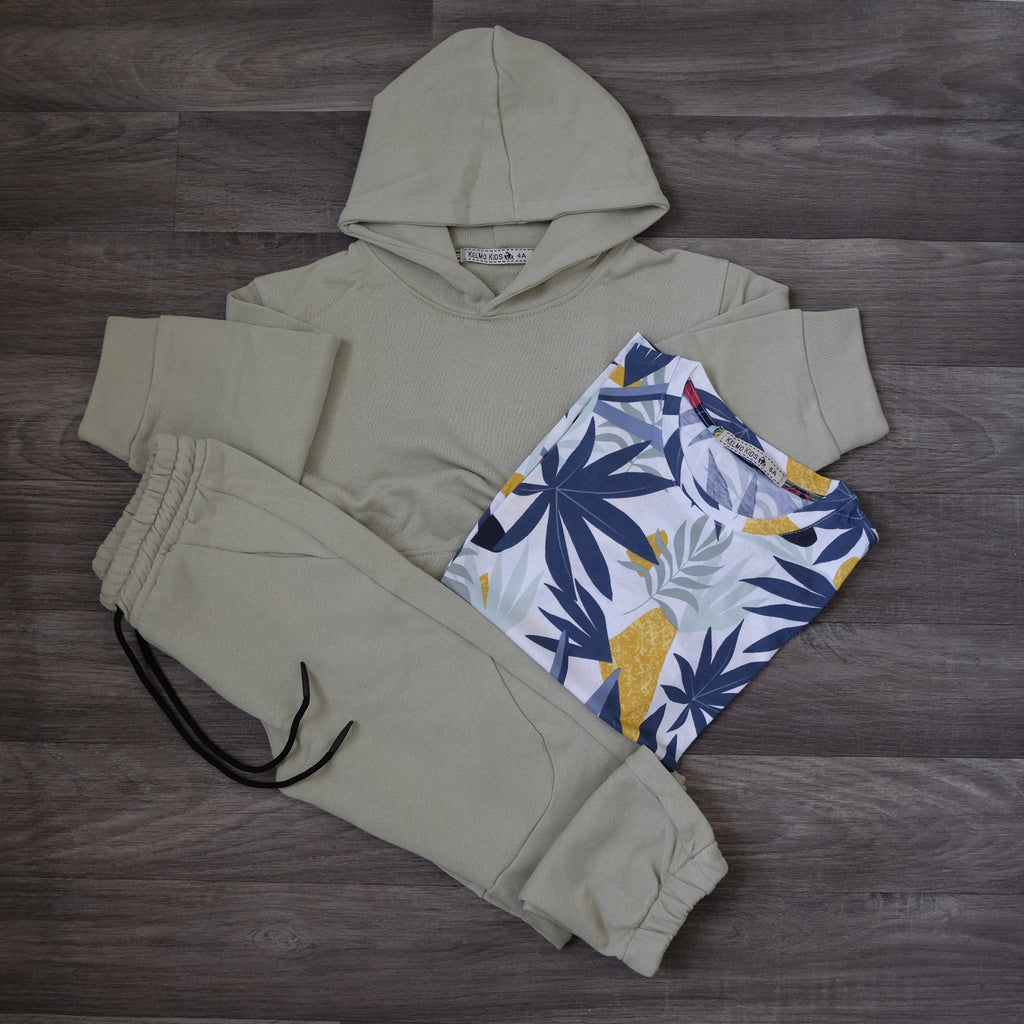 Ensemble Enfant 3 Pieces Survetement Gris Clair + T-Shirt Fleure