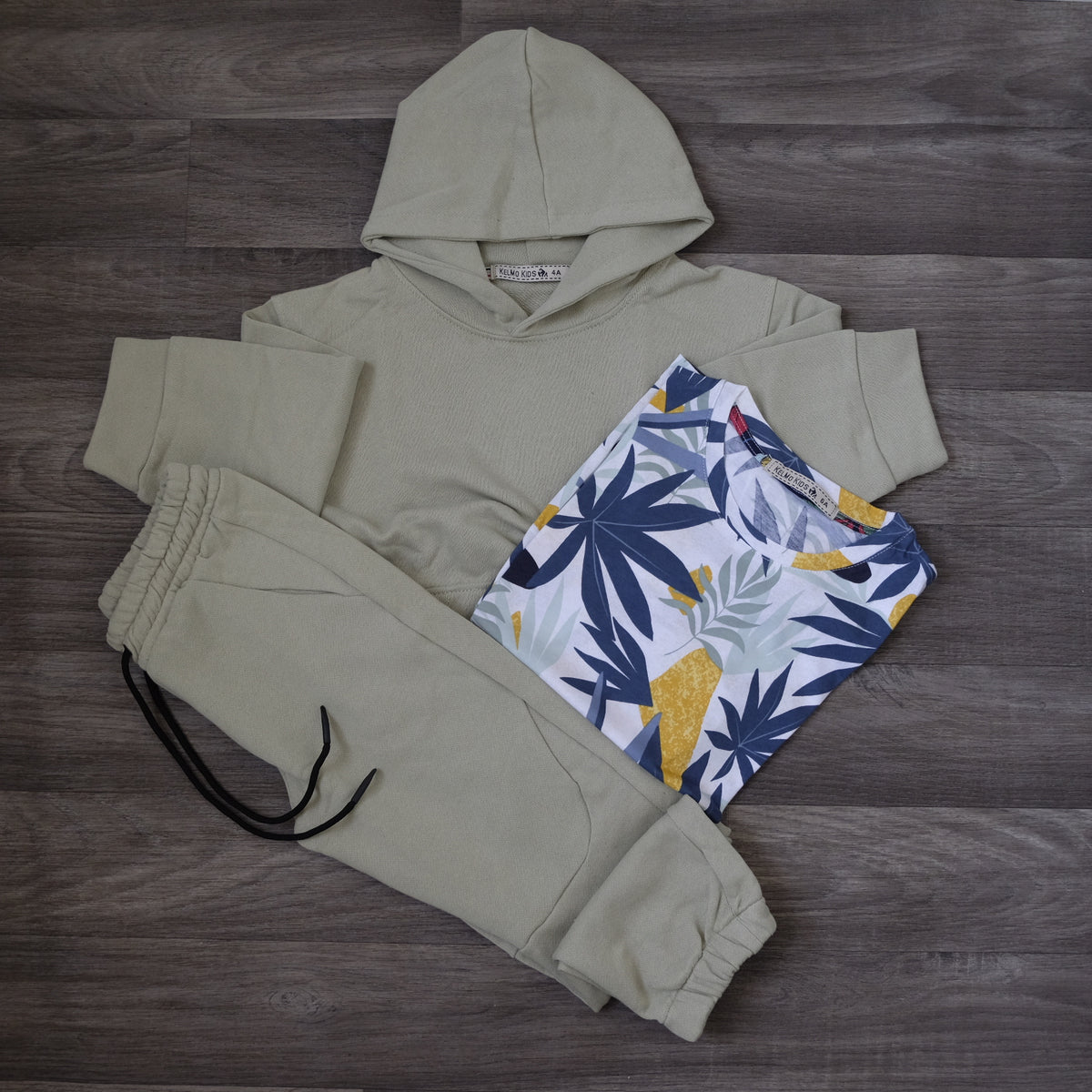 Ensemble Enfant 3 Pieces Survetement Gris Clair + T-Shirt Fleure