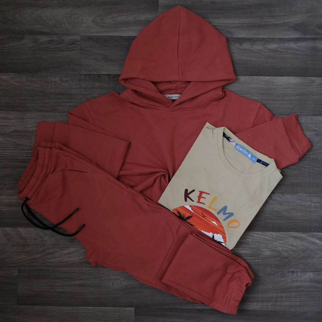 Ensemble Enfant 3 Pieces Survetement Rouge Brique + T-Shirt Beige Kelmo
