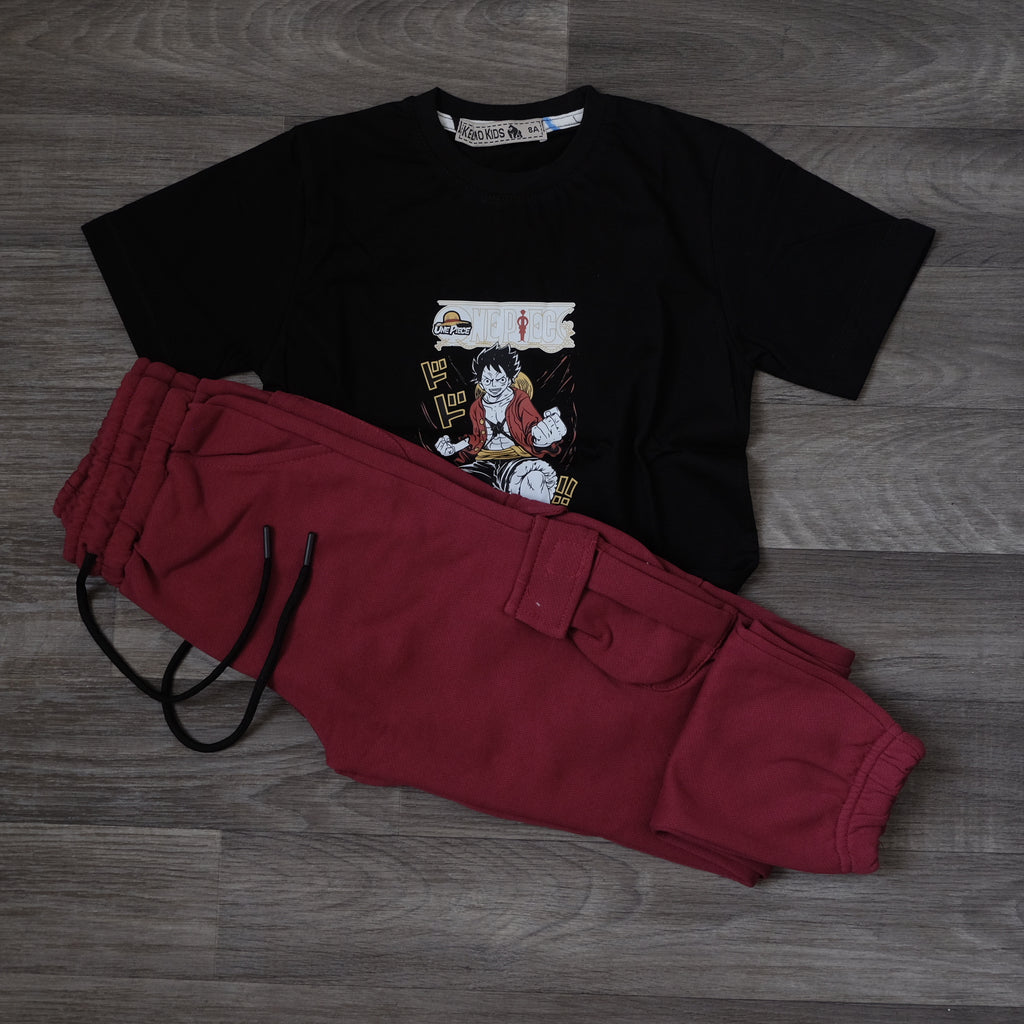 Ensemble Enfant Jogging Cargo Grenat + T-Shirt Noir Luffy