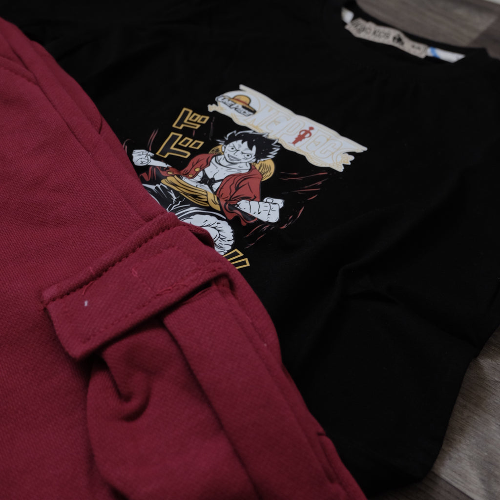 Ensemble Enfant Jogging Cargo Grenat + T-Shirt Noir Luffy
