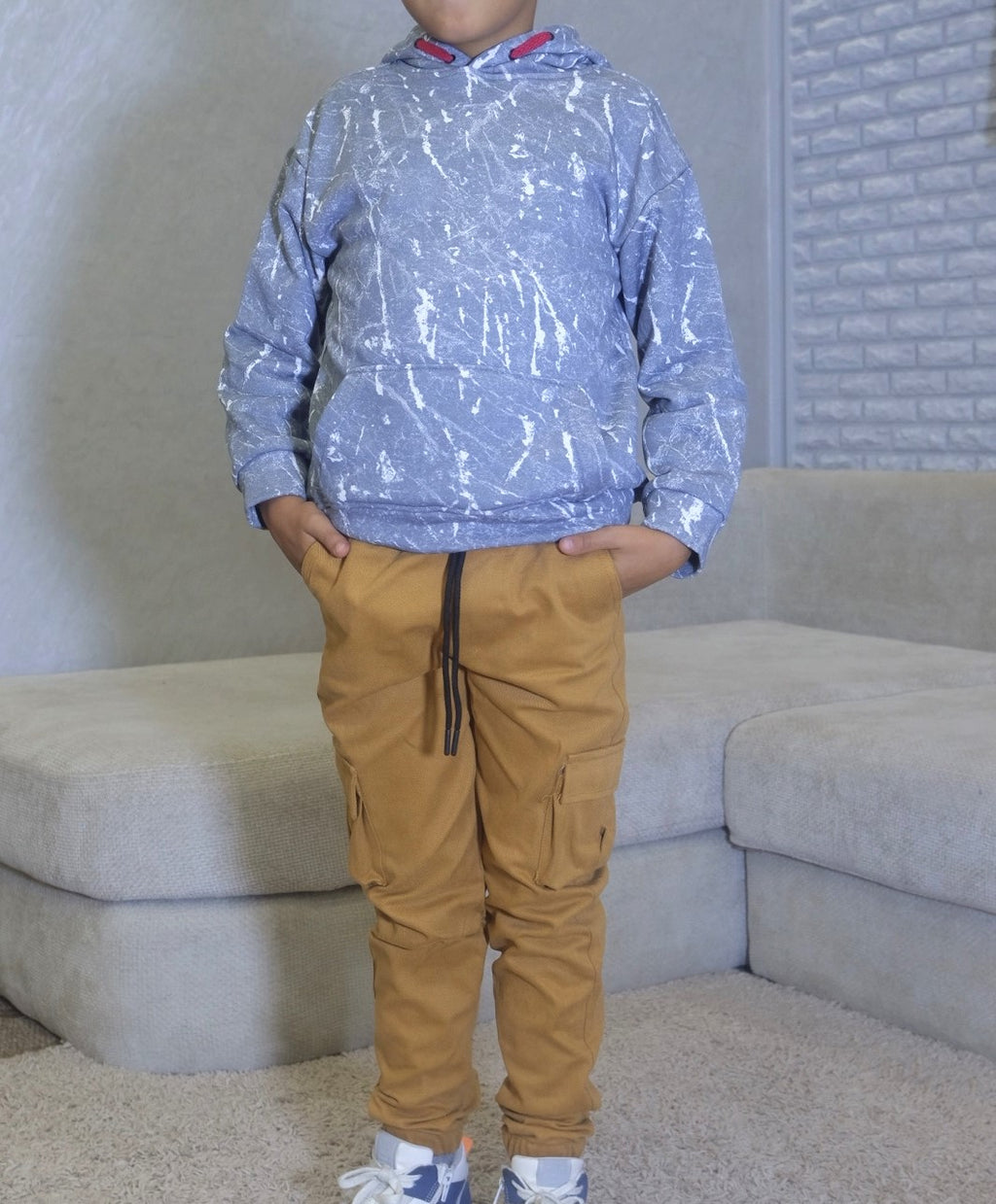 Ensemble Enfant Pantalon Cargo Motard +Sweat a Capuche Camouflage Gris Clair