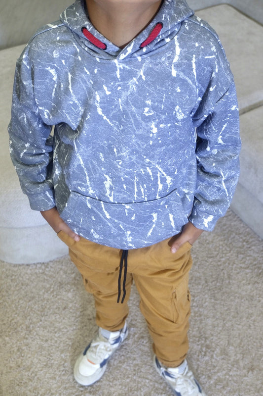 Ensemble Enfant Pantalon Cargo Motard +Sweat a Capuche Camouflage Gris Clair