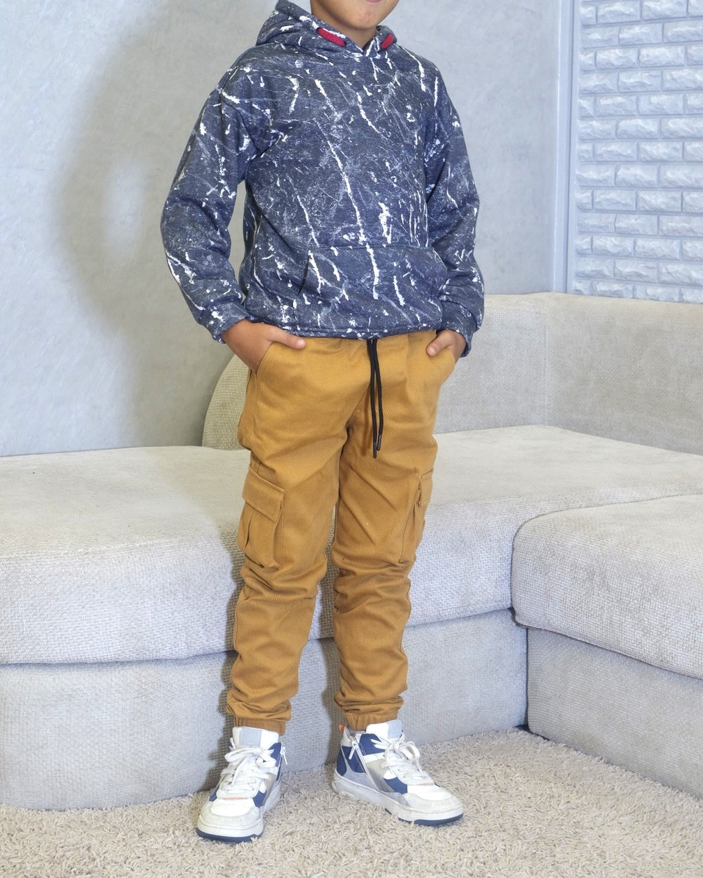 Ensemble Enfant Pantalon Cargo Motard +Sweat a Capuche Camouflage Gris Fonce