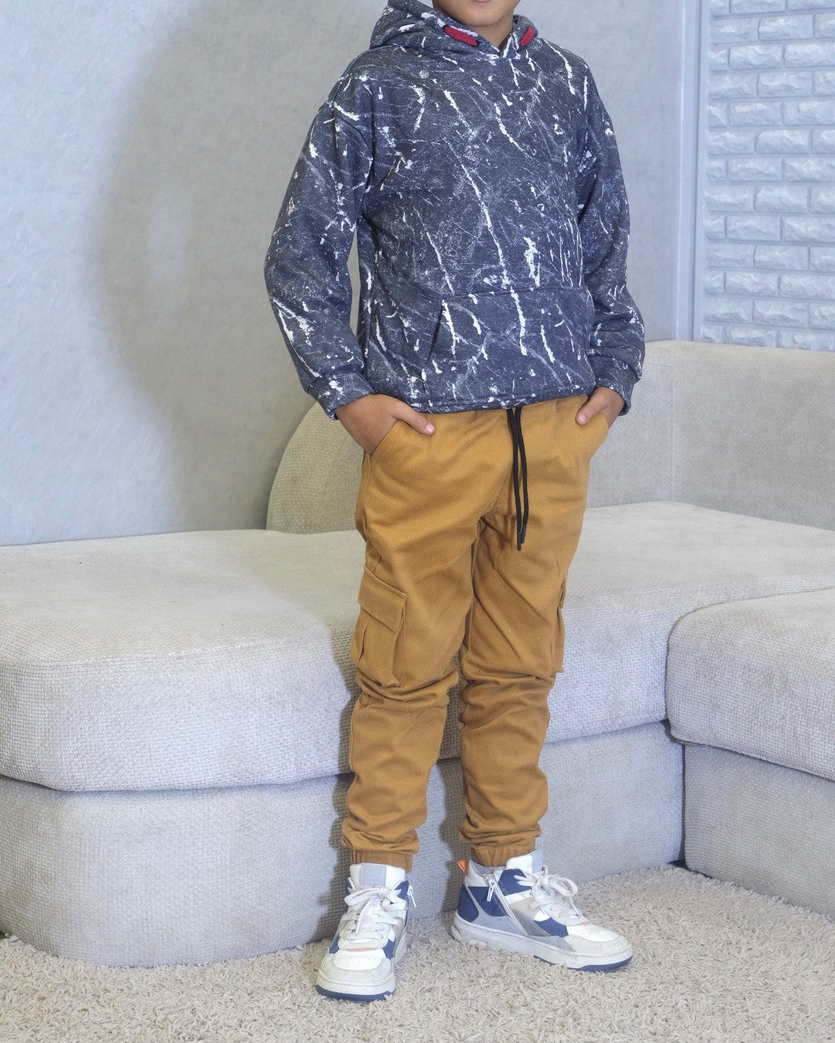 Ensemble Enfant Pantalon Cargo Motard +Sweat a Capuche Camouflage Gris Fonce