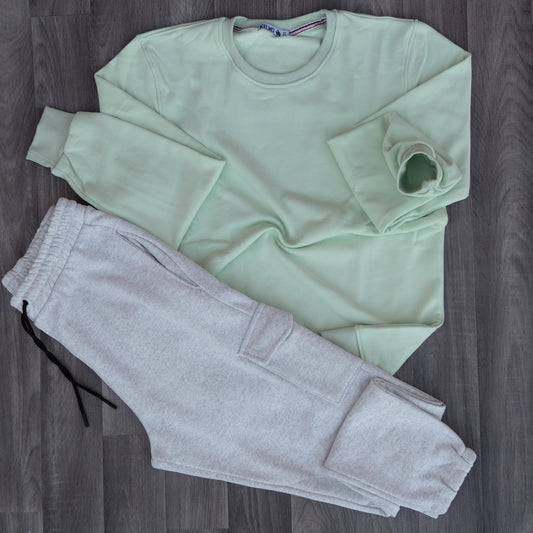 Ensemble Jogging Cargo Gris Chine Clair + Sweat Vert Nil