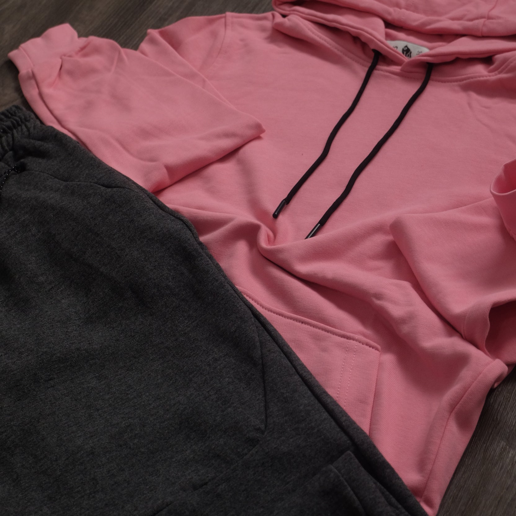 Ensemble Jogging  Beska Gris Chine Fonce + Capuche Cotton Rose Clair
