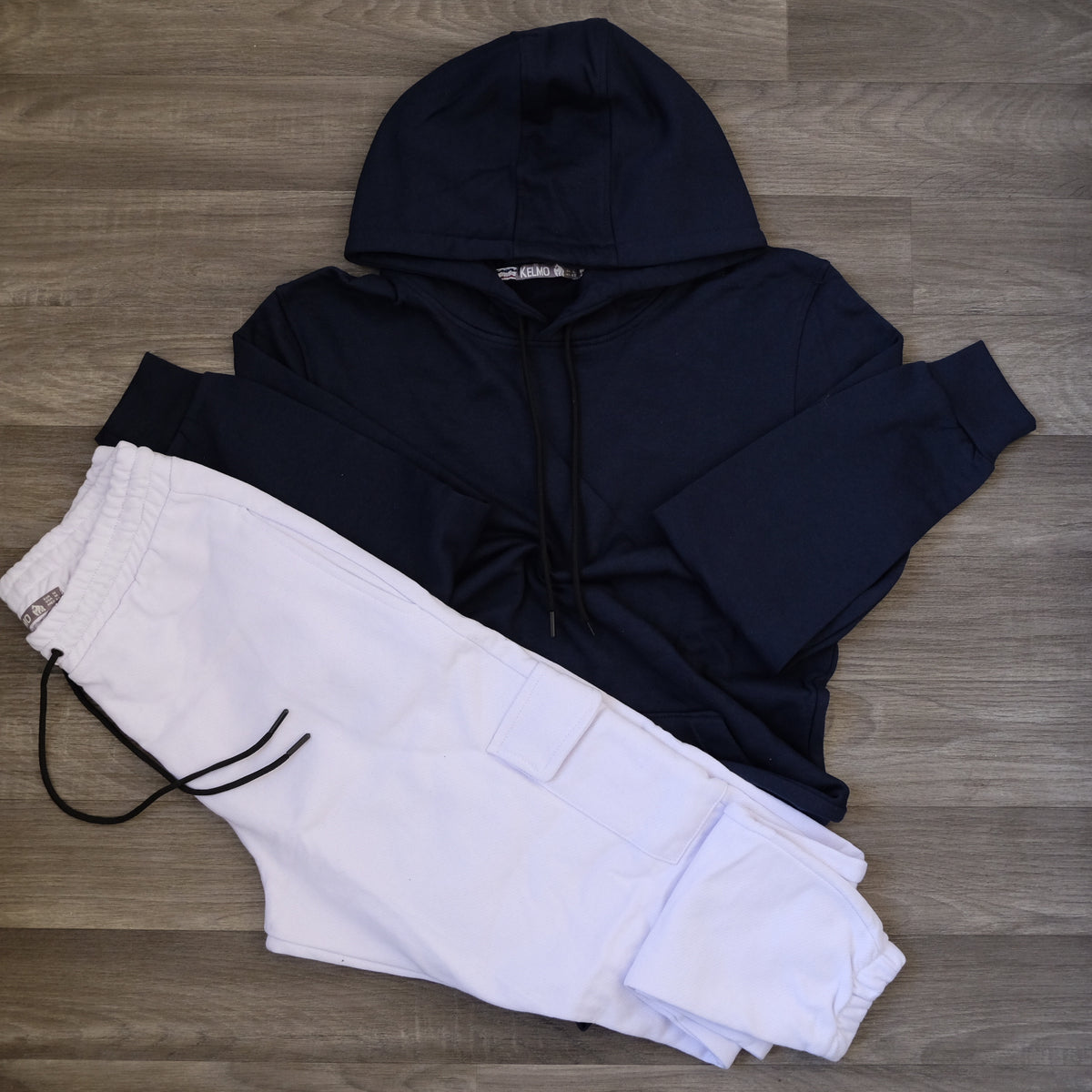 Ensemble Jogging  Cargo Blanc + Capuche Cotton Bleu Marine