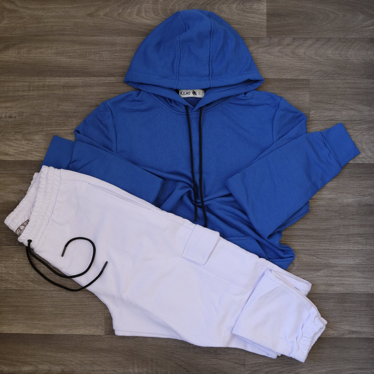 Ensemble Jogging  Cargo Blanc + Capuche Cotton Bleu Roi