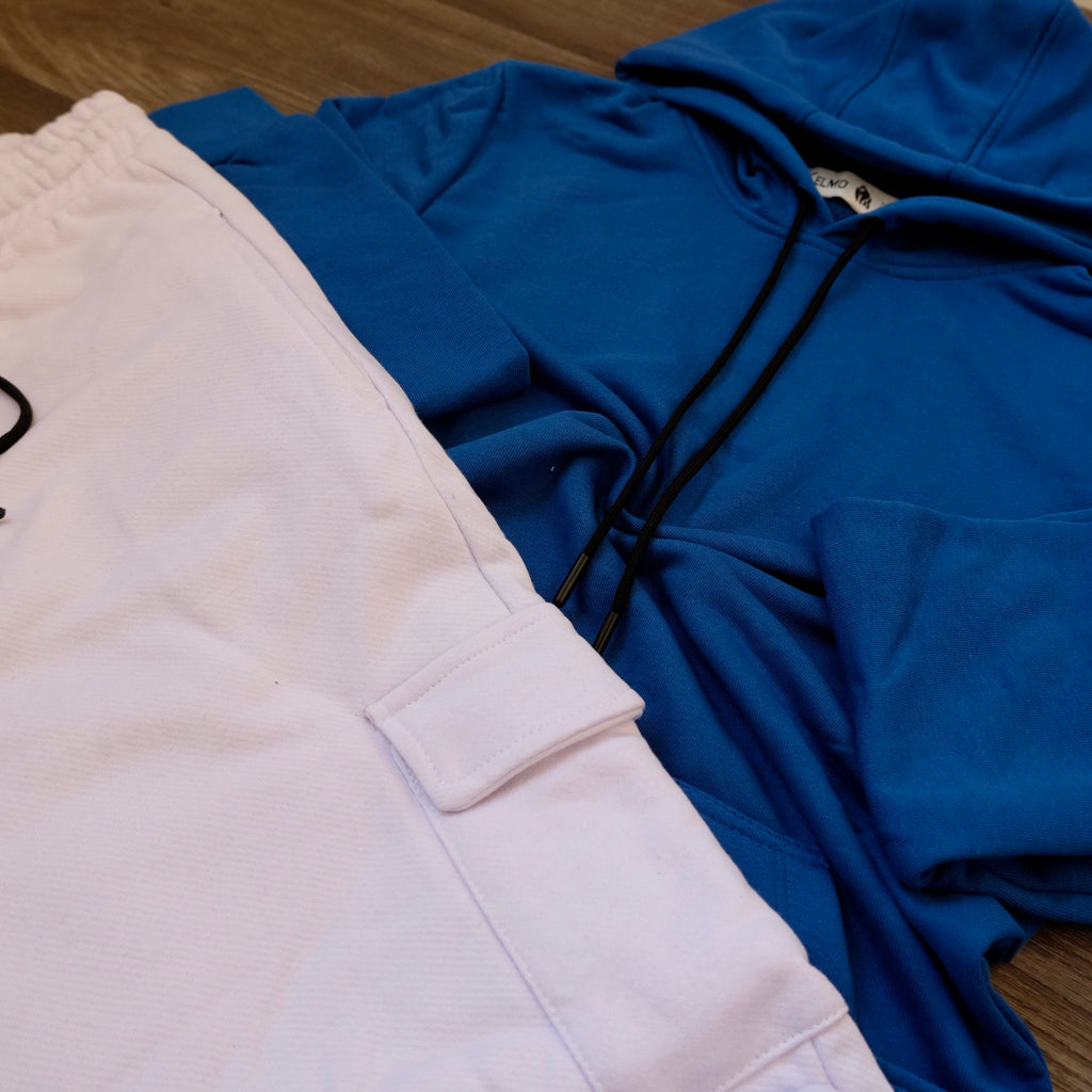 Ensemble Jogging  Cargo Blanc + Capuche Cotton Bleu Roi