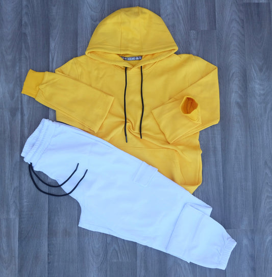 Ensemble Jogging  Cargo Blanc + Capuche Cotton Jaune Fonce