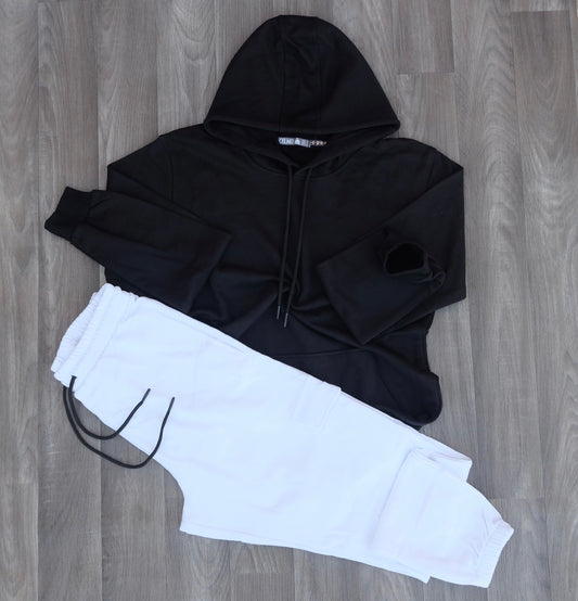 Ensemble Jogging Cargo Blanc + Capuche Cotton Noir