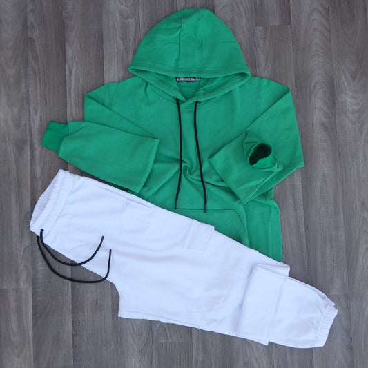 Ensemble Jogging  Cargo Blanc + Capuche Cotton Vert Raj