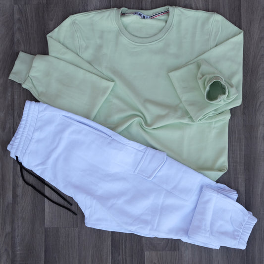 Ensemble Jogging  Cargo Blanc+ Sweat Vert Nil