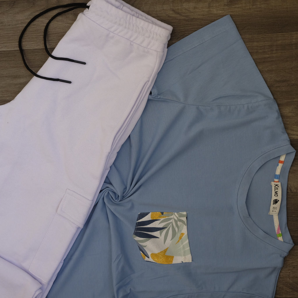 Ensemble Jogging  Cargo Blanc+ T-Shirt Poche Bleu Ciel