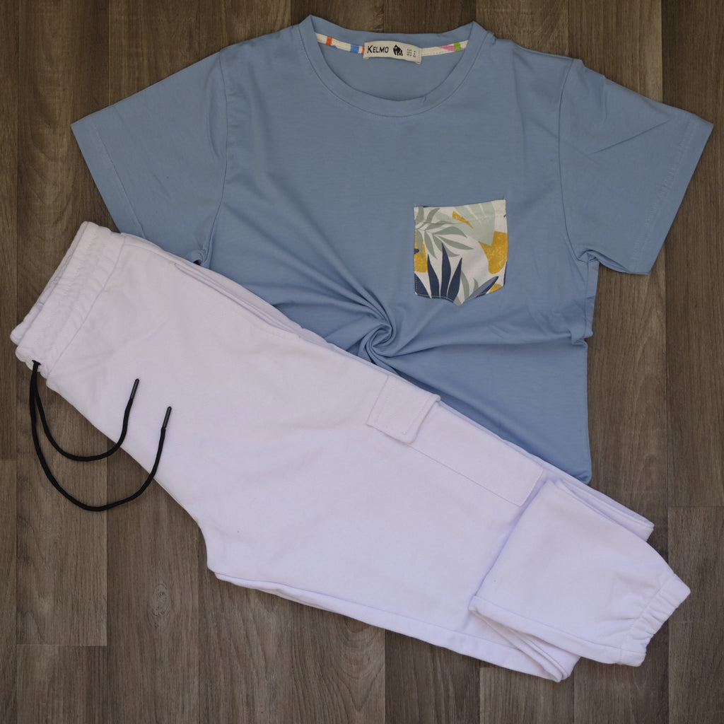 Ensemble Jogging  Cargo Blanc+ T-Shirt Poche Bleu Ciel