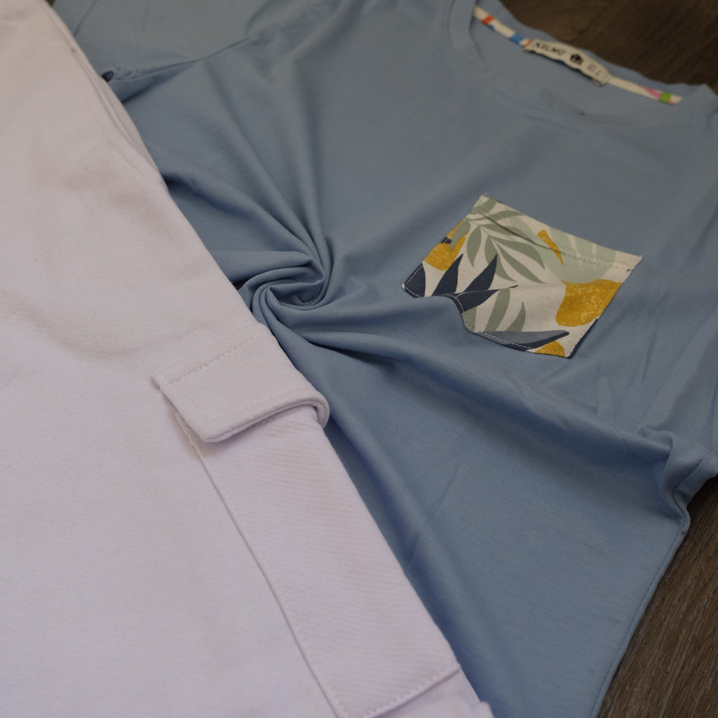 Ensemble Jogging  Cargo Blanc+ T-Shirt Poche Bleu Ciel