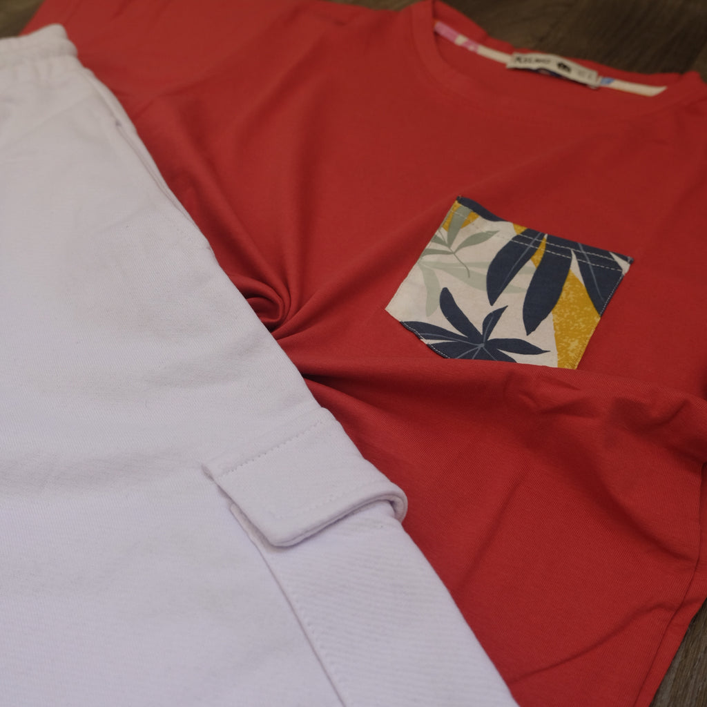 Ensemble Jogging  Cargo Blanc+ T-Shirt Poche Rouge