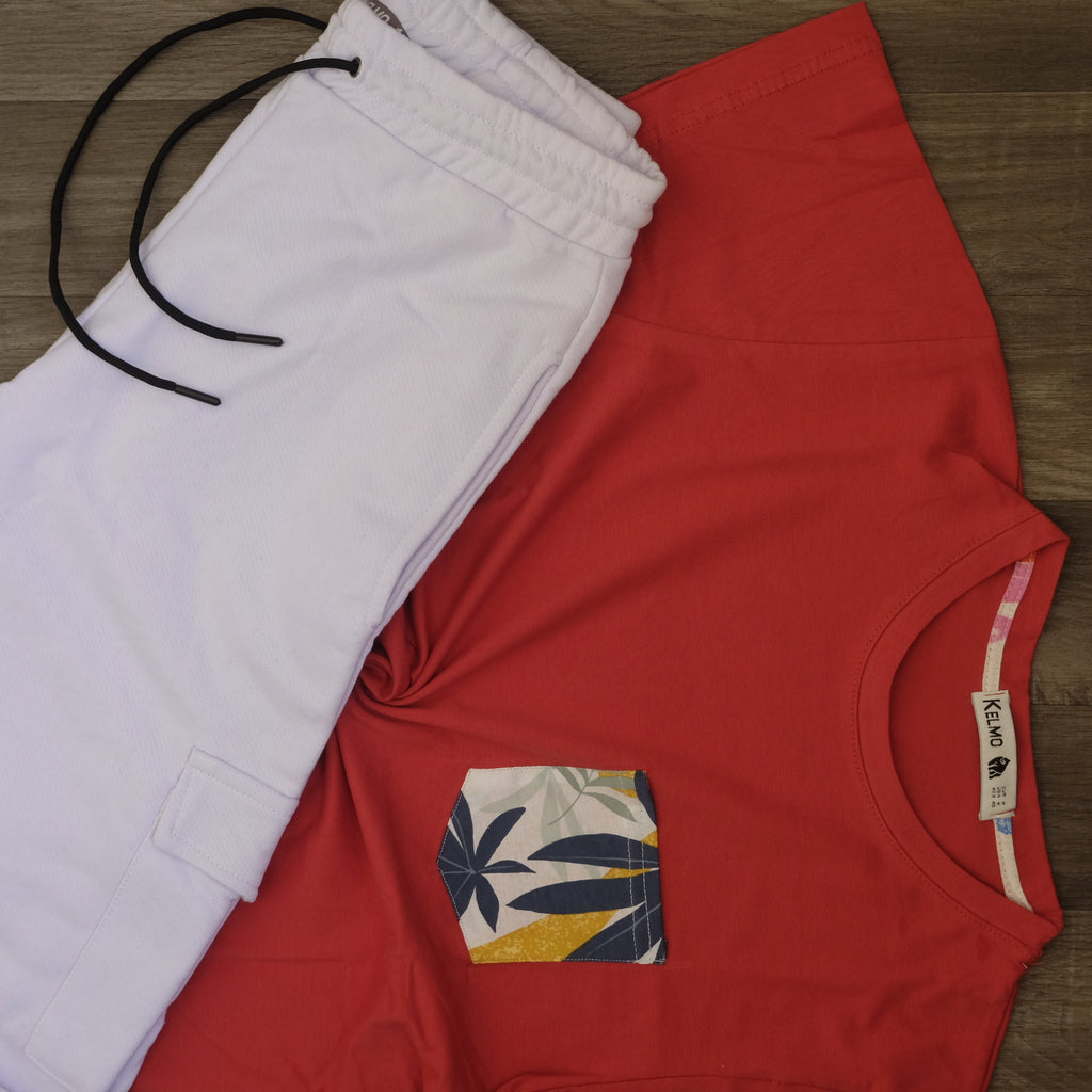 Ensemble Jogging  Cargo Blanc+ T-Shirt Poche Rouge