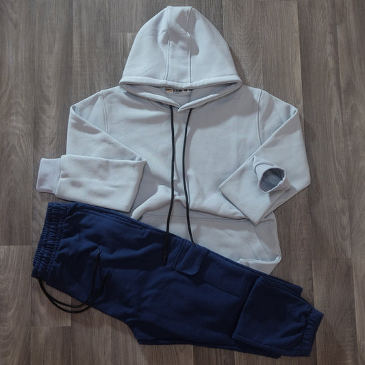 Ensemble Jogging Cargo Bleu Marine + Capuche Cotton Gris Clair