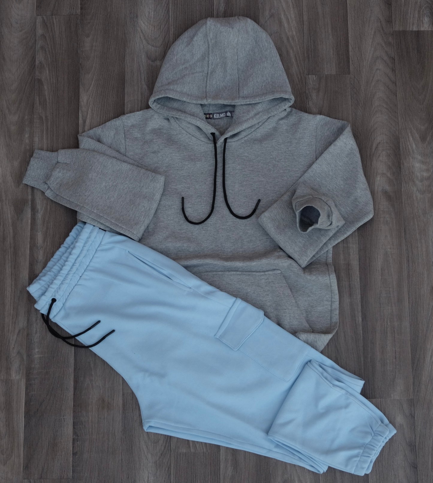 Ensemble Jogging  Cargo Ciel + Capuche Cotton Gris Chine Clair